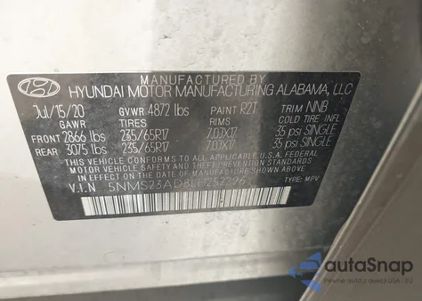 2020 Hyundai Santa Fe Se из США, поврежденный, VIN 5NMS23AD8LH252296